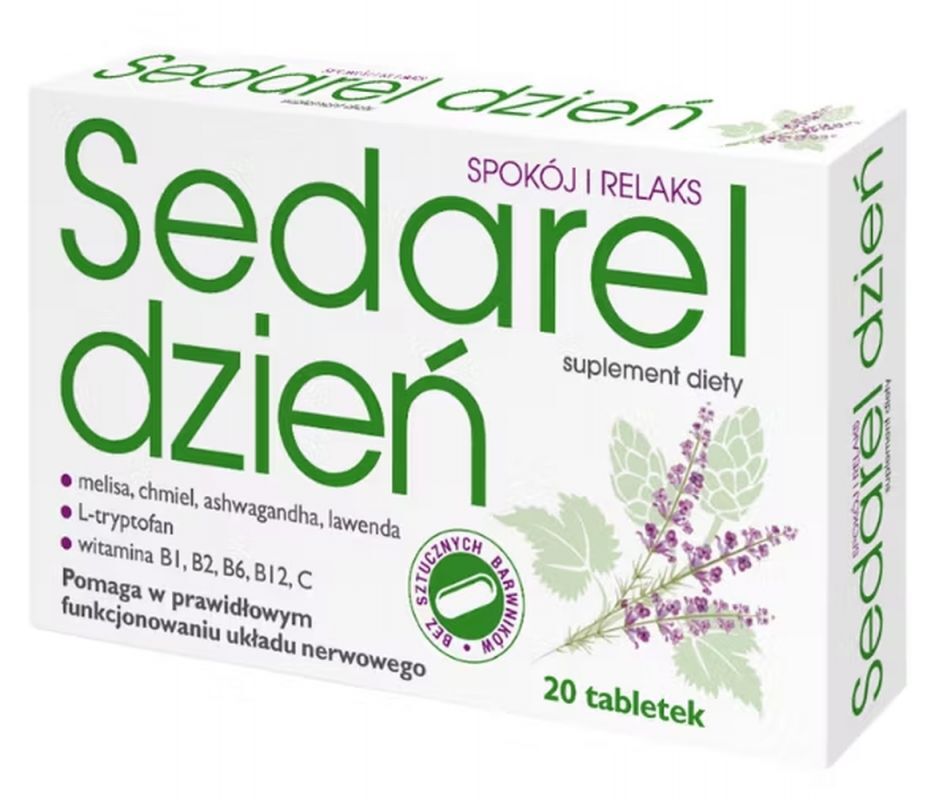 Ashwagandha, lemon balm, hops, lavender, L-tryptophan, Sedarel Day to Calm Down