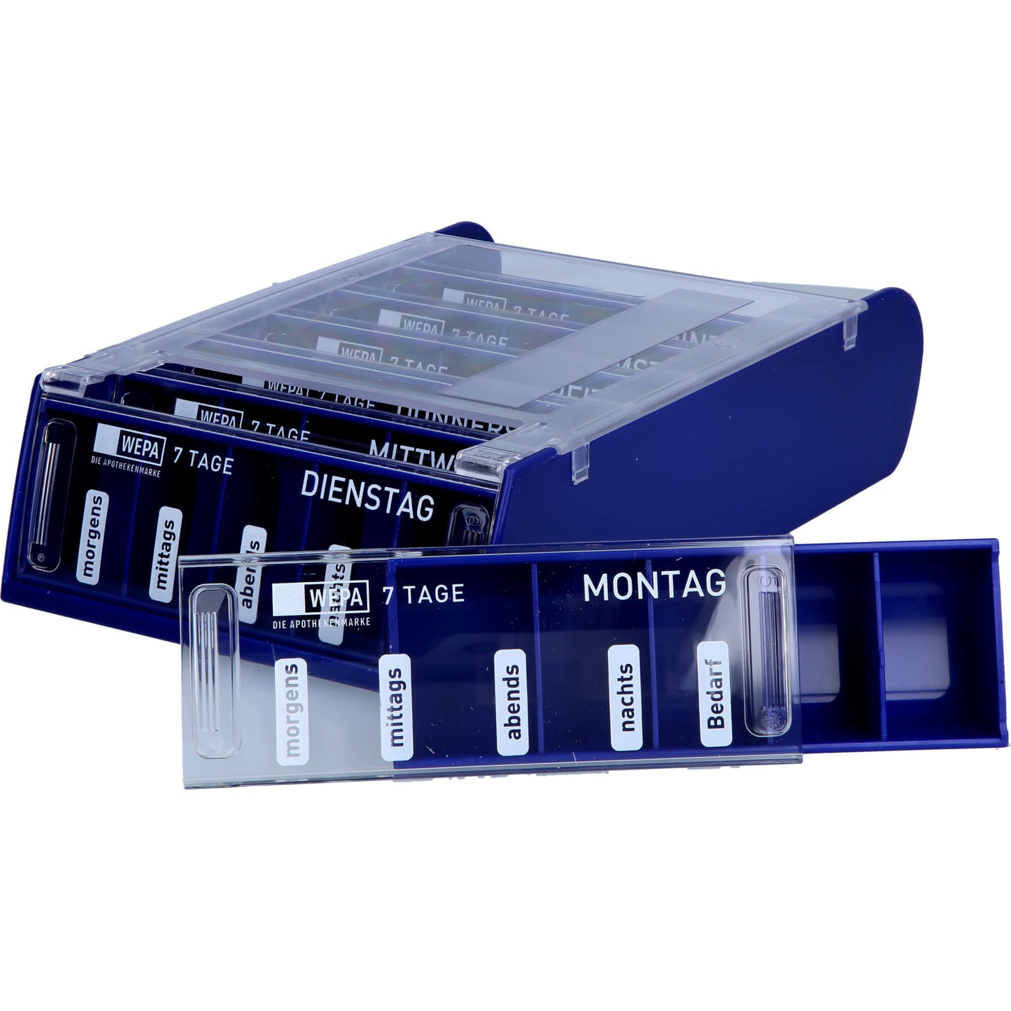 Medication dosage system, WEPA 7-day weekly magazine blue