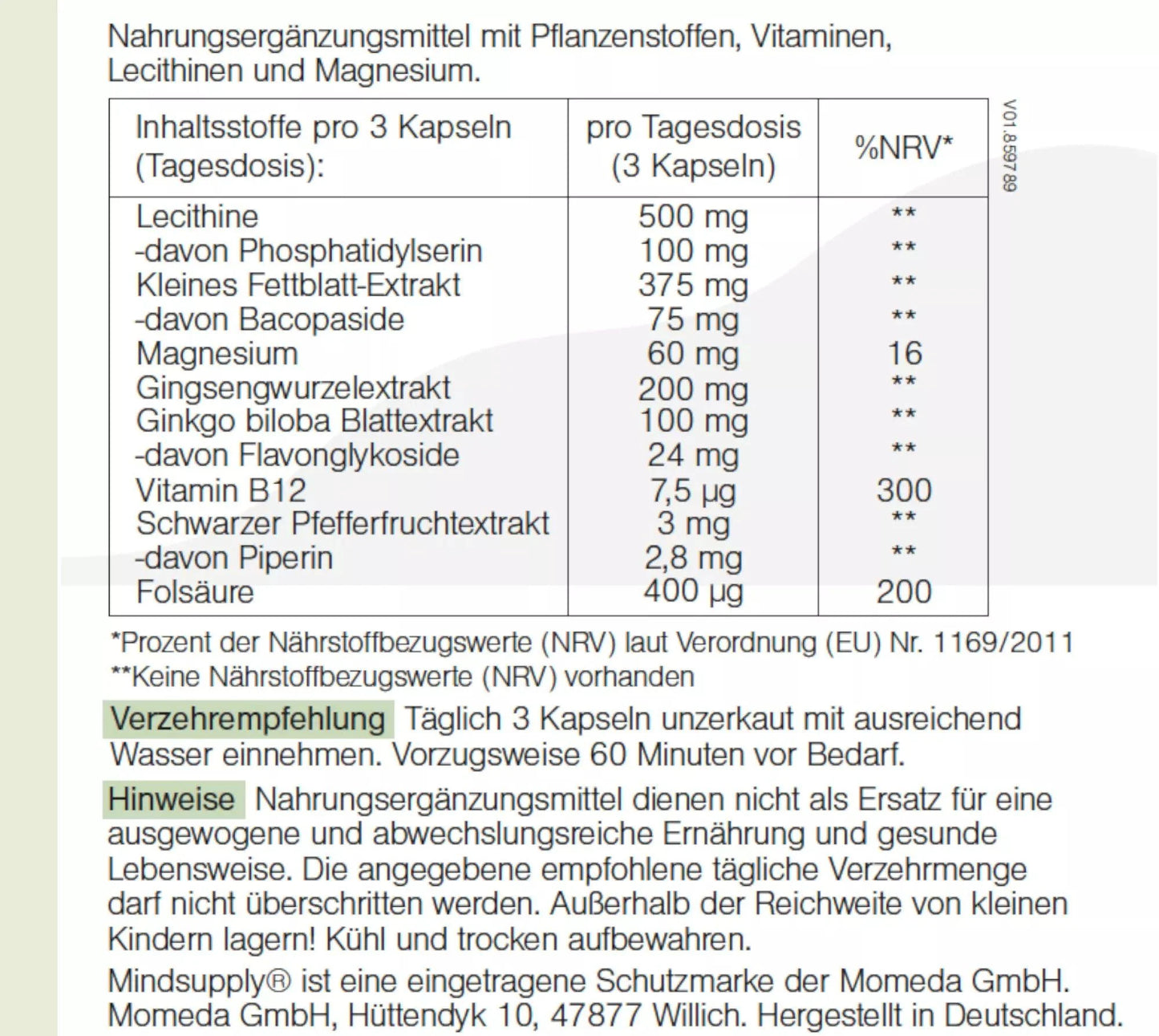 Concentration with ginkgo, MINDSUPPLY 12, FOCUS 90 capsules (55,3G) UK