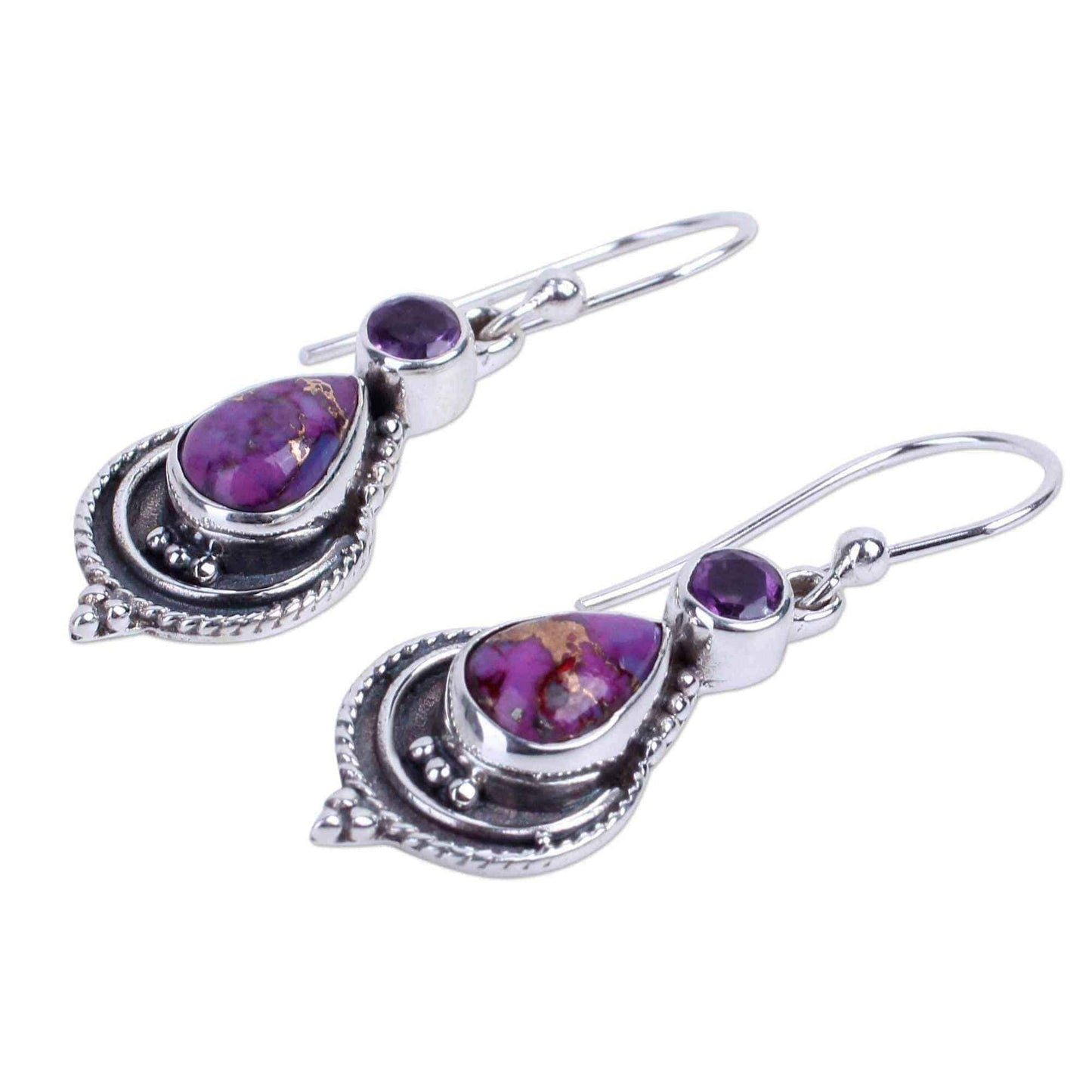 Handcrafted Sterling Silver 'Mughal Lilac' Amethyst Turquoise Earrings (India) UK