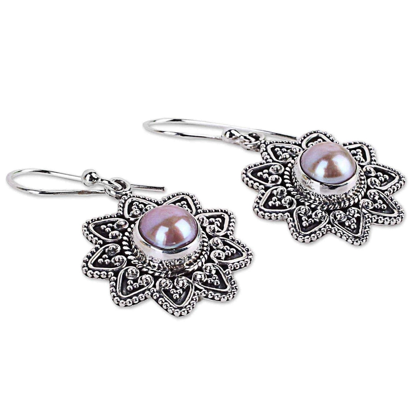 Handmade Sterling Silver 'Passionate Flower' Cultured Pearl Earrings (9 mm) (India) UK