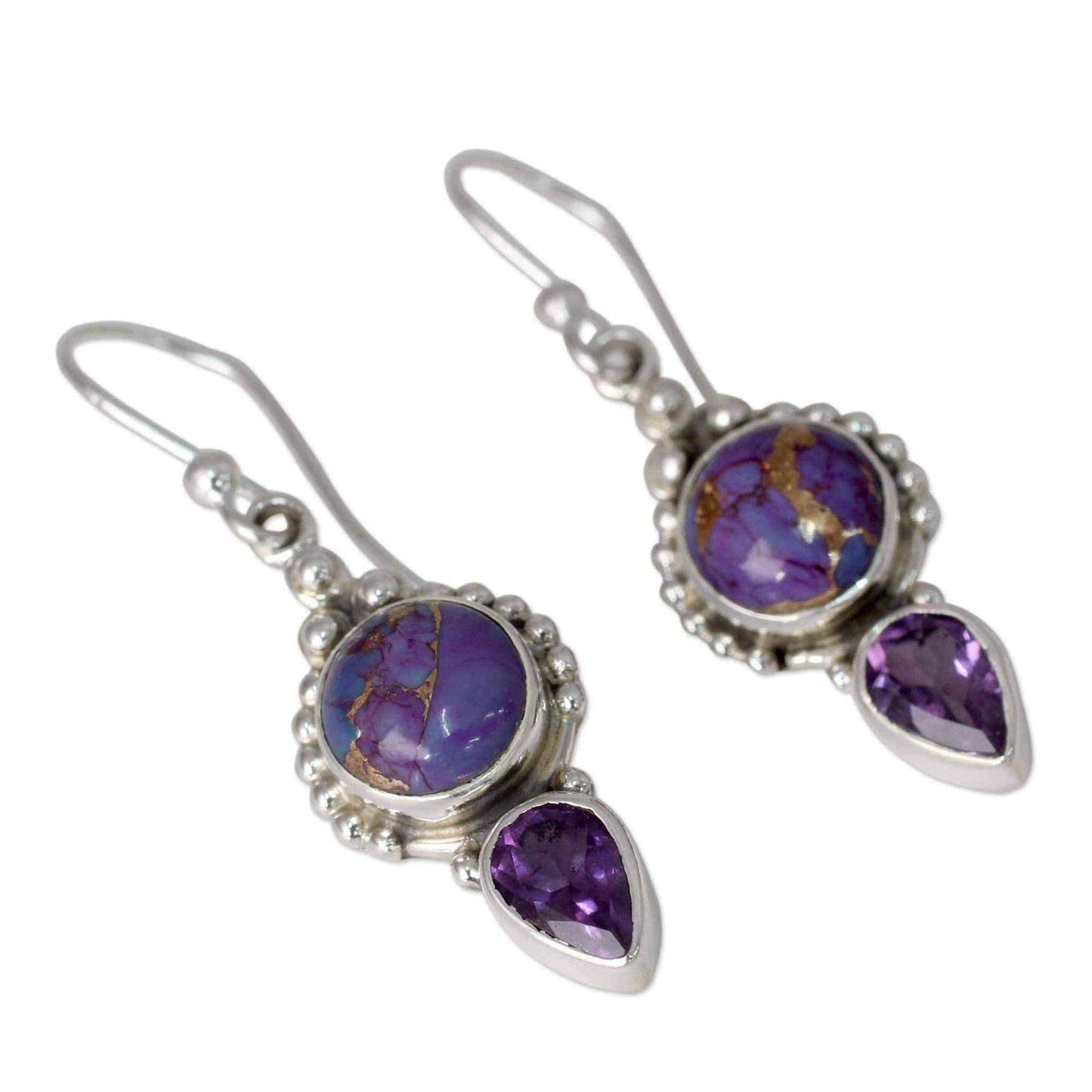 Handmade Sterling Silver Vision in Purple Amethyst Turquoise Dangling Style Earrings (India) UK