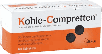KOHLE Compretten, diarrhea, acute oral poisoning, Medicinal charcoal UK