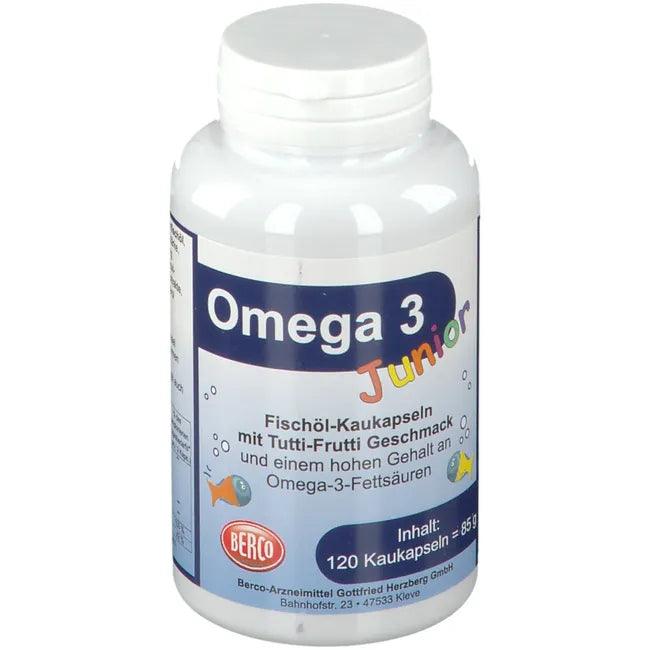 Omega 3 fatty acids, vitamins D + E, OMEGA-3 JUNIOR Berco chewable capsules UK