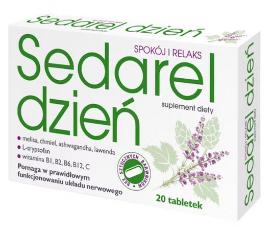 Ashwagandha, lemon balm, hops, lavender, L-tryptophan, Sedarel Day to Calm Down