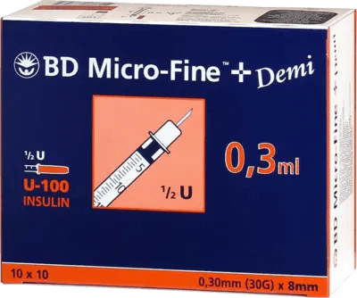 Insulin syringes, BD MICRO-FINE+ insulin syringe 0.3 ml U100 0.3x8 mm UK