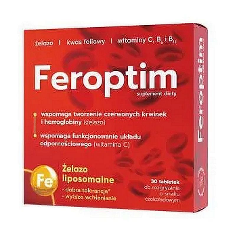 Iron, vitamin C, B12, B6  Feroptim chewable tablets with chocolate