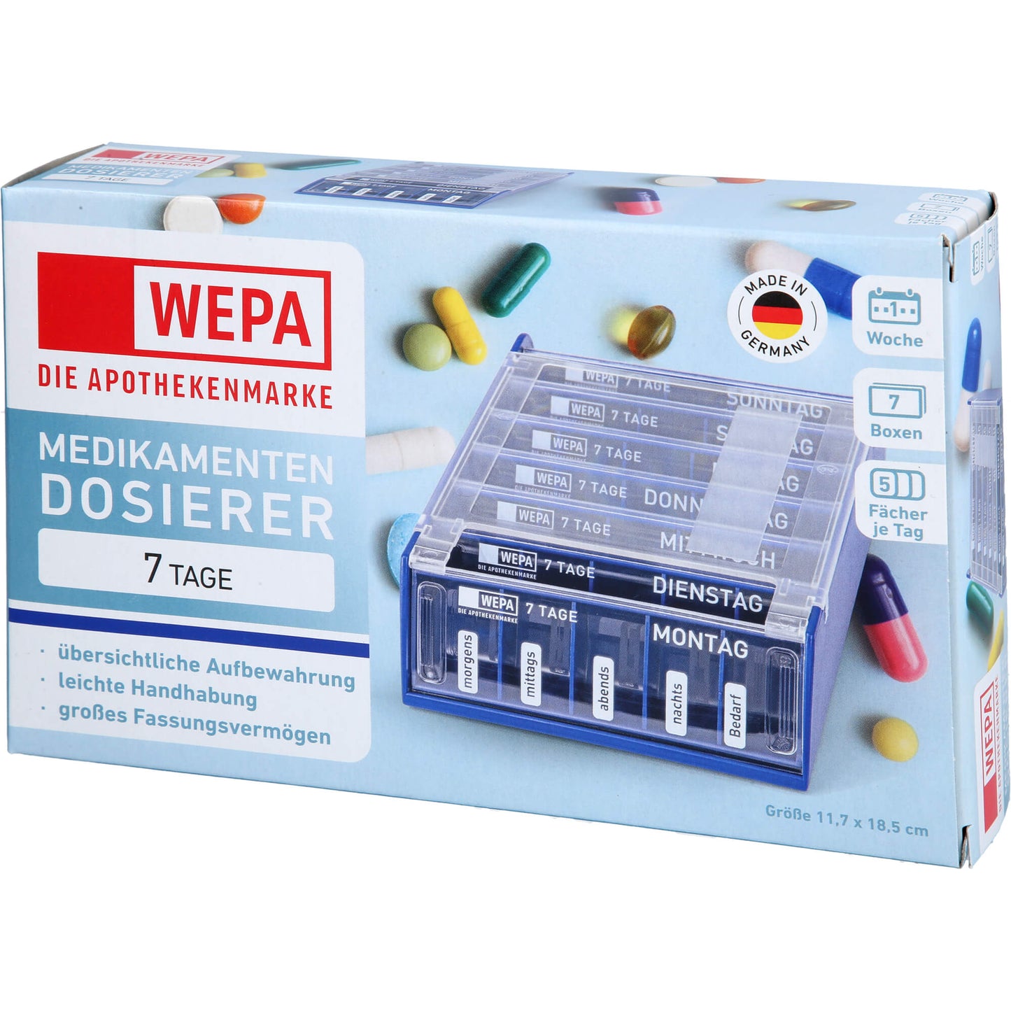Medication dosage system, WEPA 7-day weekly magazine blue