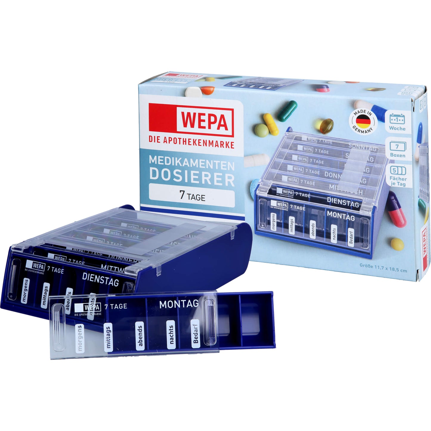 Medication dosage system, WEPA 7-day weekly magazine blue