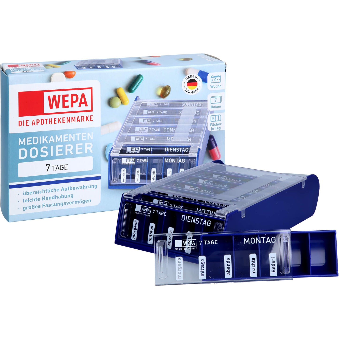 Medication dosage system, WEPA 7-day weekly magazine blue