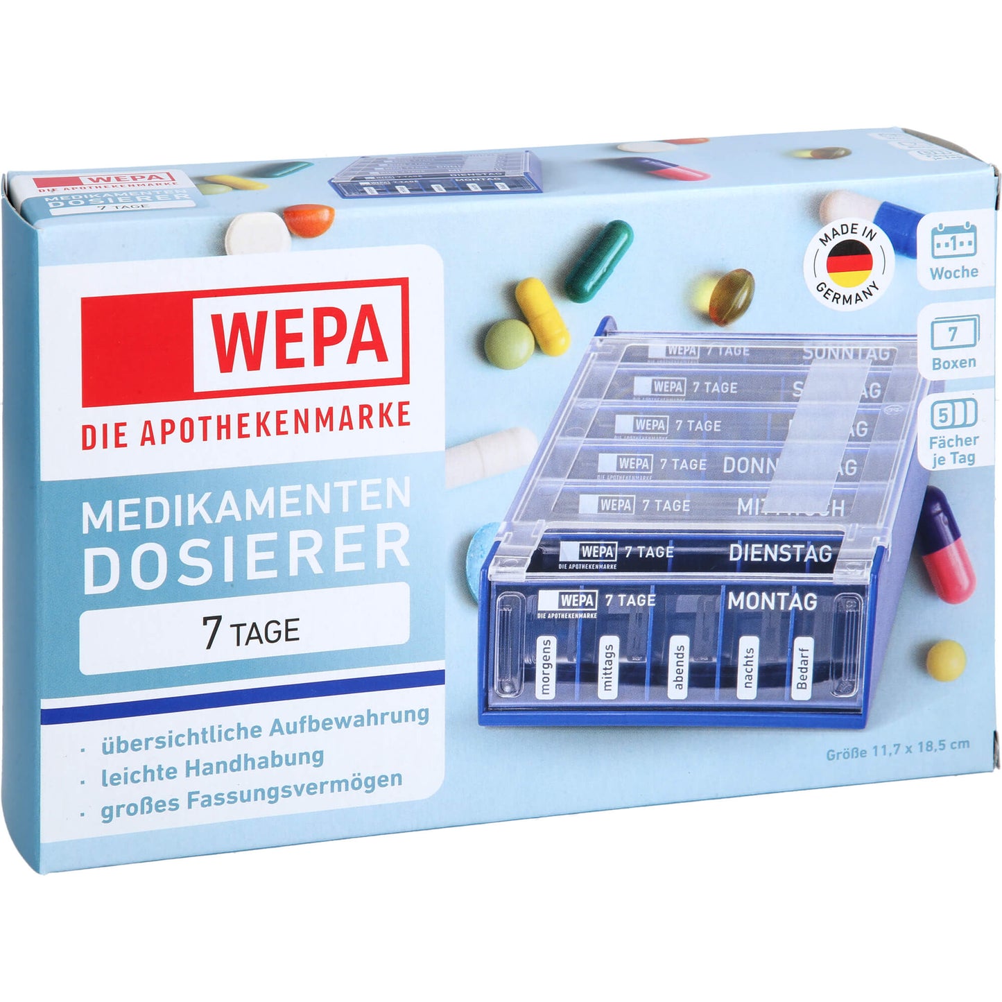 Medication dosage system, WEPA 7-day weekly magazine blue