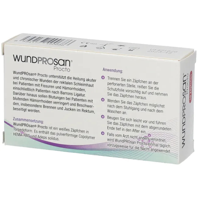 Treatment of hemorrhoids, anal fissures, wounds in the anal-rectal area, WUNDPROSAN Procto Suppositories
