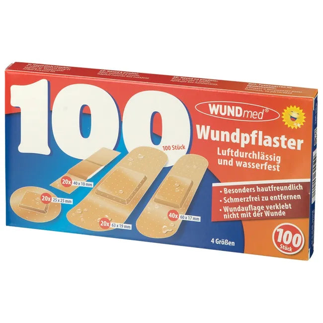 Wound plasters, breathable and waterproof, 4 sizes, 100 pieces