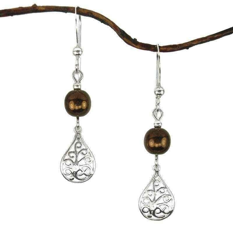 Brown Glass Filigree Teardrop Sterling Silver Earrings UK