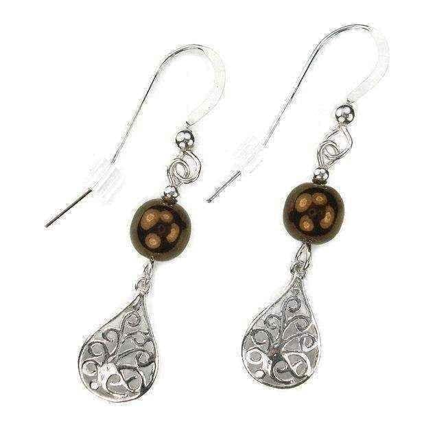 Brown Glass Filigree Teardrop Sterling Silver Earrings UK