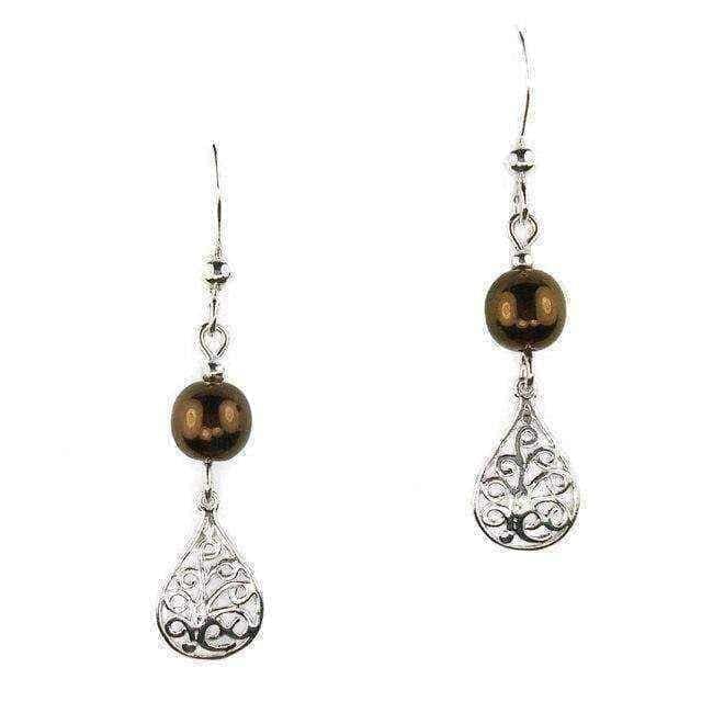 Brown Glass Filigree Teardrop Sterling Silver Earrings UK