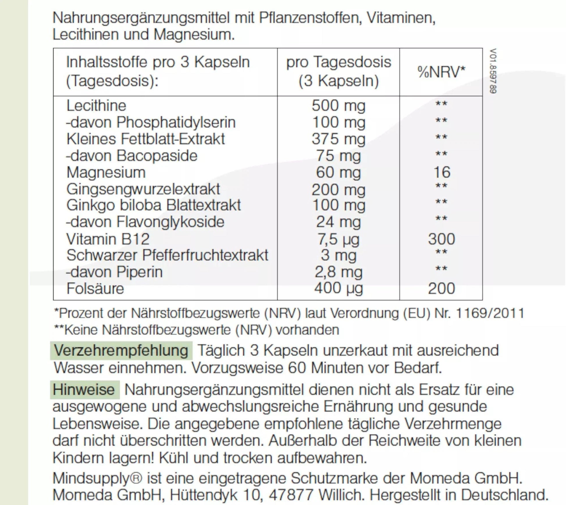 Concentration with ginkgo, MINDSUPPLY 12, FOCUS 90 capsules (55,3G) UK