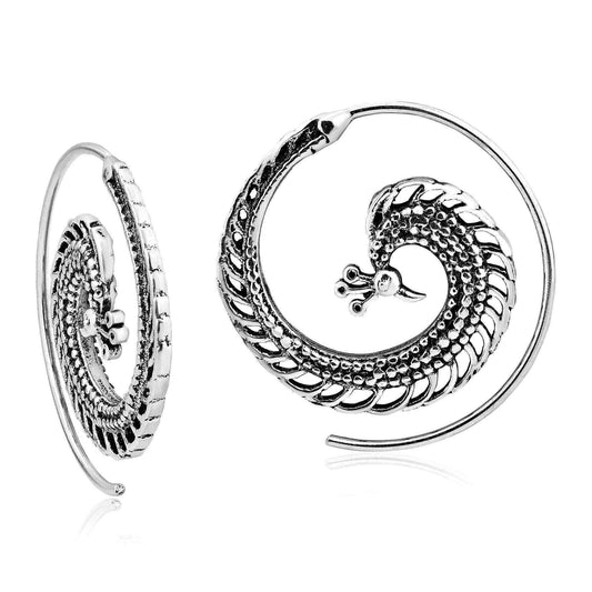 Grand Peacock Spiral Pierce Hoop Sterling Silver Earrings (Thailand) UK