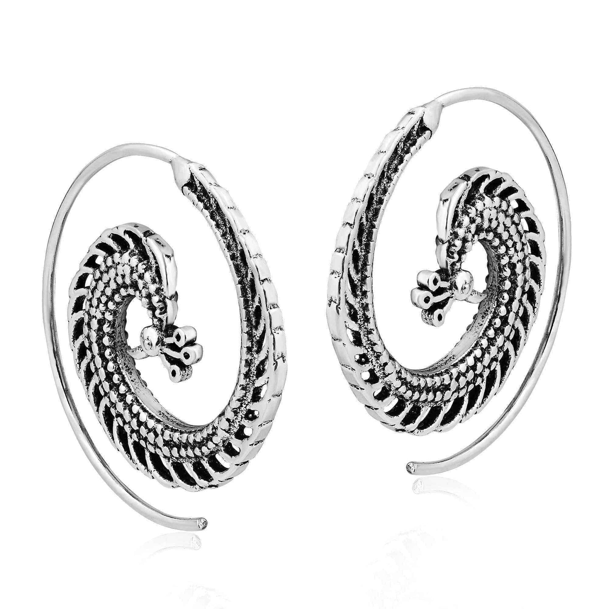 Grand Peacock Spiral Pierce Hoop Sterling Silver Earrings (Thailand) UK