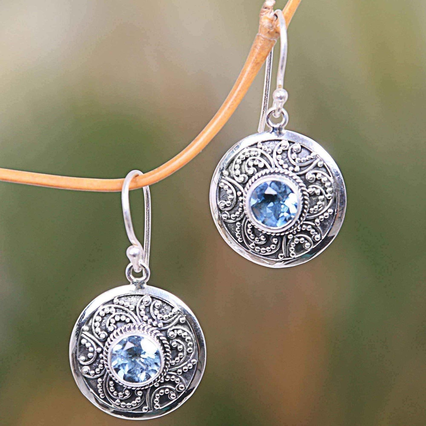 Handcrafted Sterling Silver 'Balinese Aura' Blue Topaz Earrings (Indonesia) UK