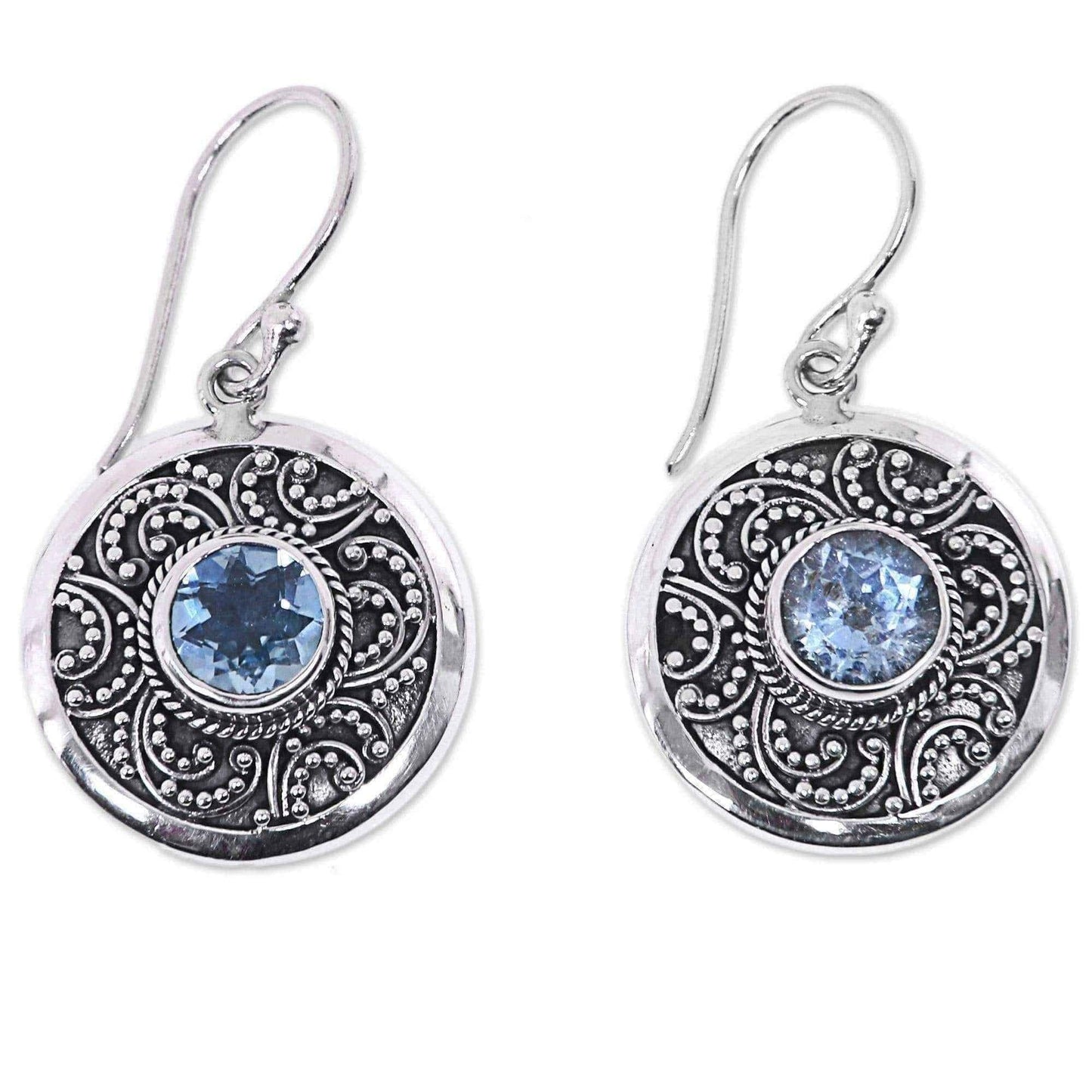 Handcrafted Sterling Silver 'Balinese Aura' Blue Topaz Earrings (Indonesia) UK