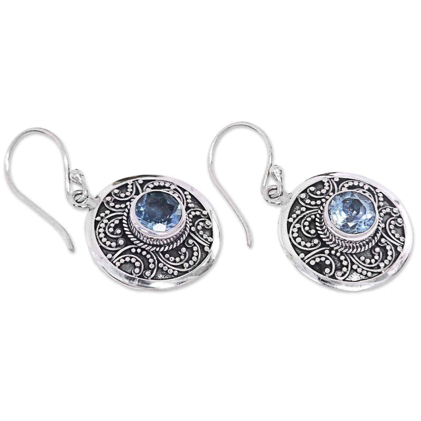 Handcrafted Sterling Silver 'Balinese Aura' Blue Topaz Earrings (Indonesia) UK