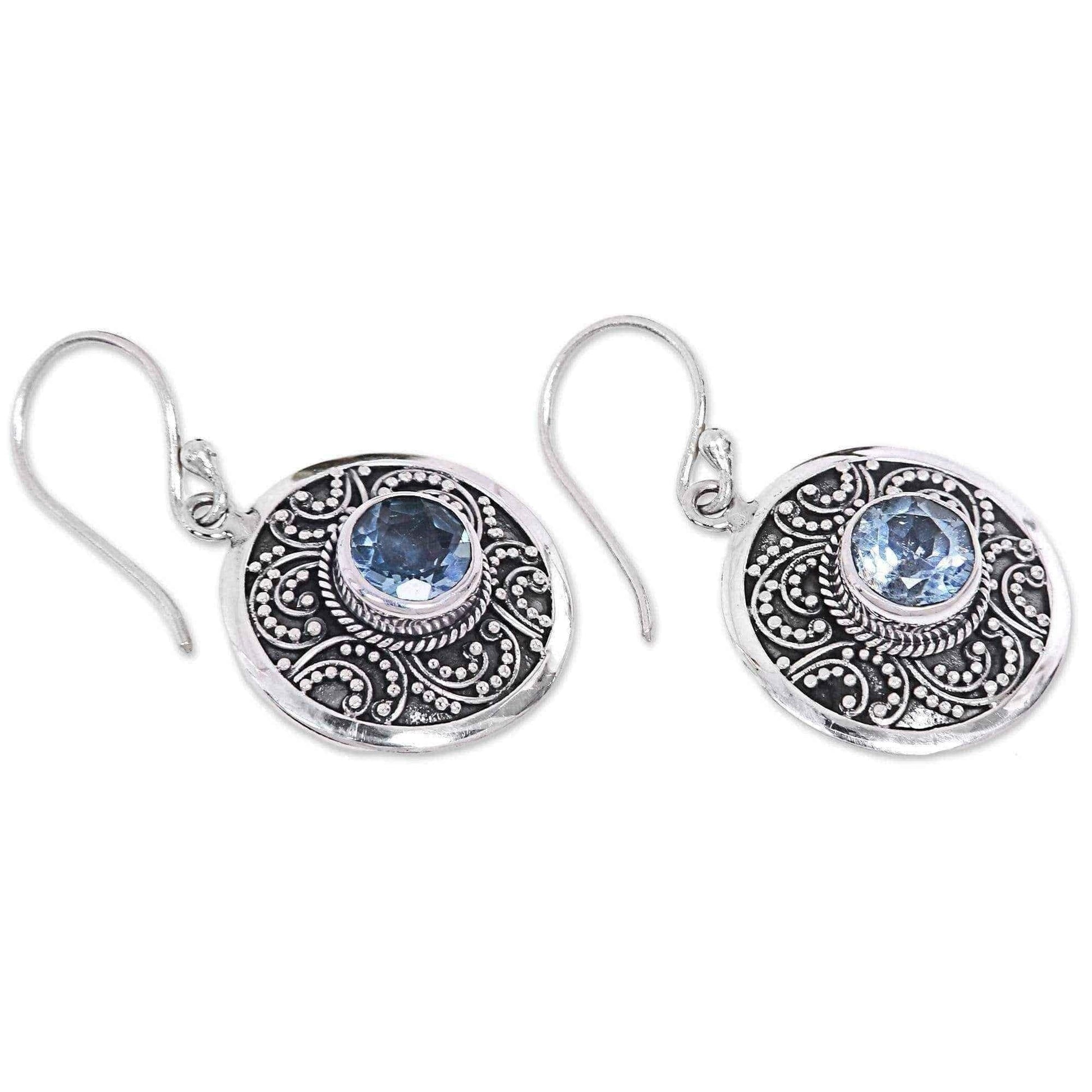 Handcrafted Sterling Silver 'Balinese Aura' Blue Topaz Earrings (Indonesia) UK