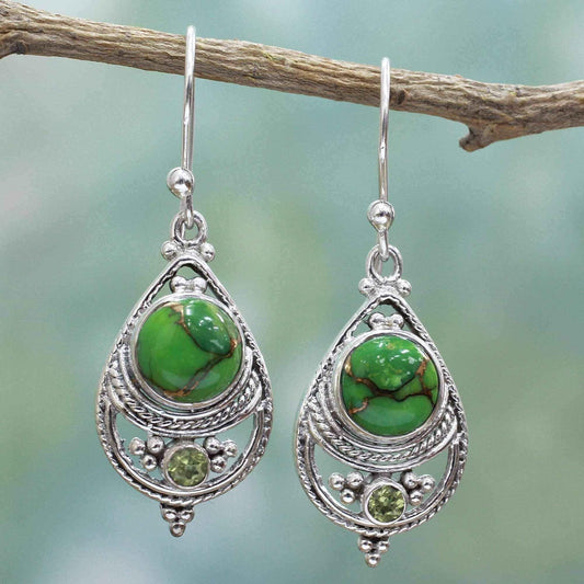 Handcrafted Sterling Silver 'Green Elegance' Peridot Turquoise Earrings (India) UK