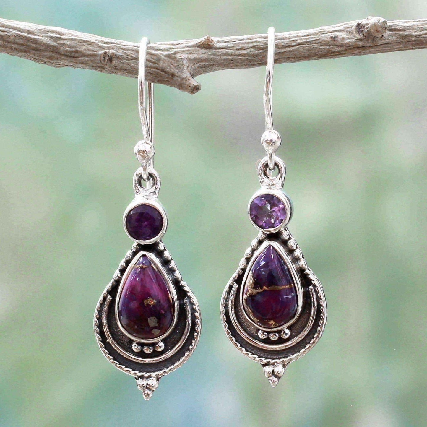 Handcrafted Sterling Silver 'Mughal Lilac' Amethyst Turquoise Earrings (India) UK