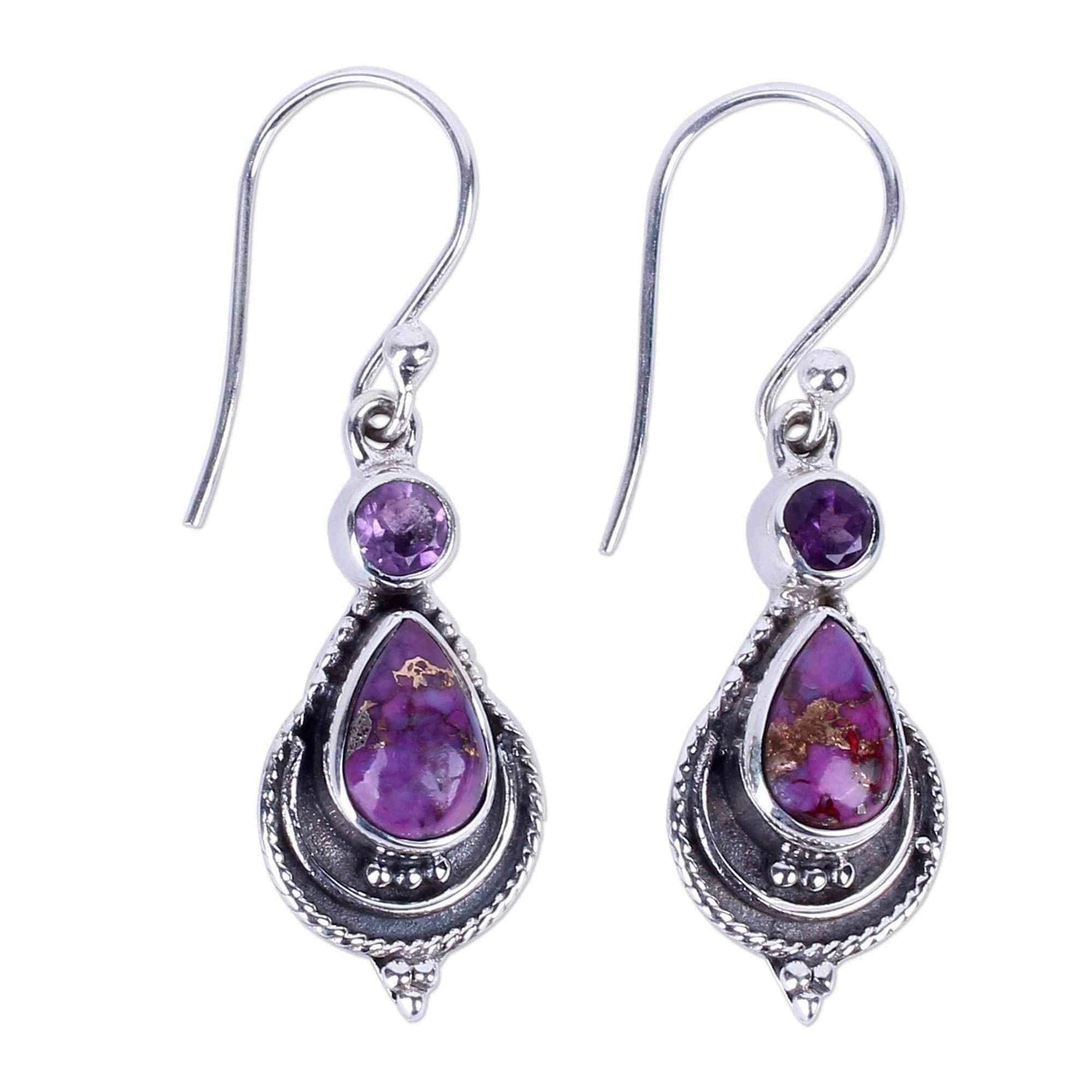 Handcrafted Sterling Silver 'Mughal Lilac' Amethyst Turquoise Earrings (India) UK