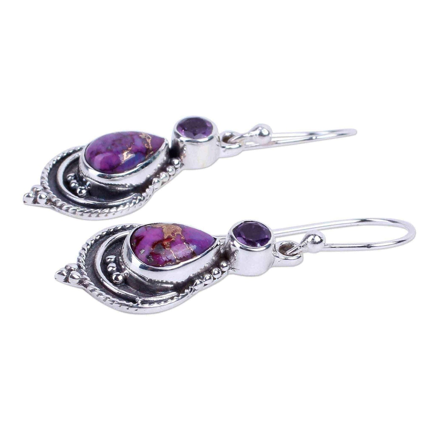 Handcrafted Sterling Silver 'Mughal Lilac' Amethyst Turquoise Earrings (India) UK