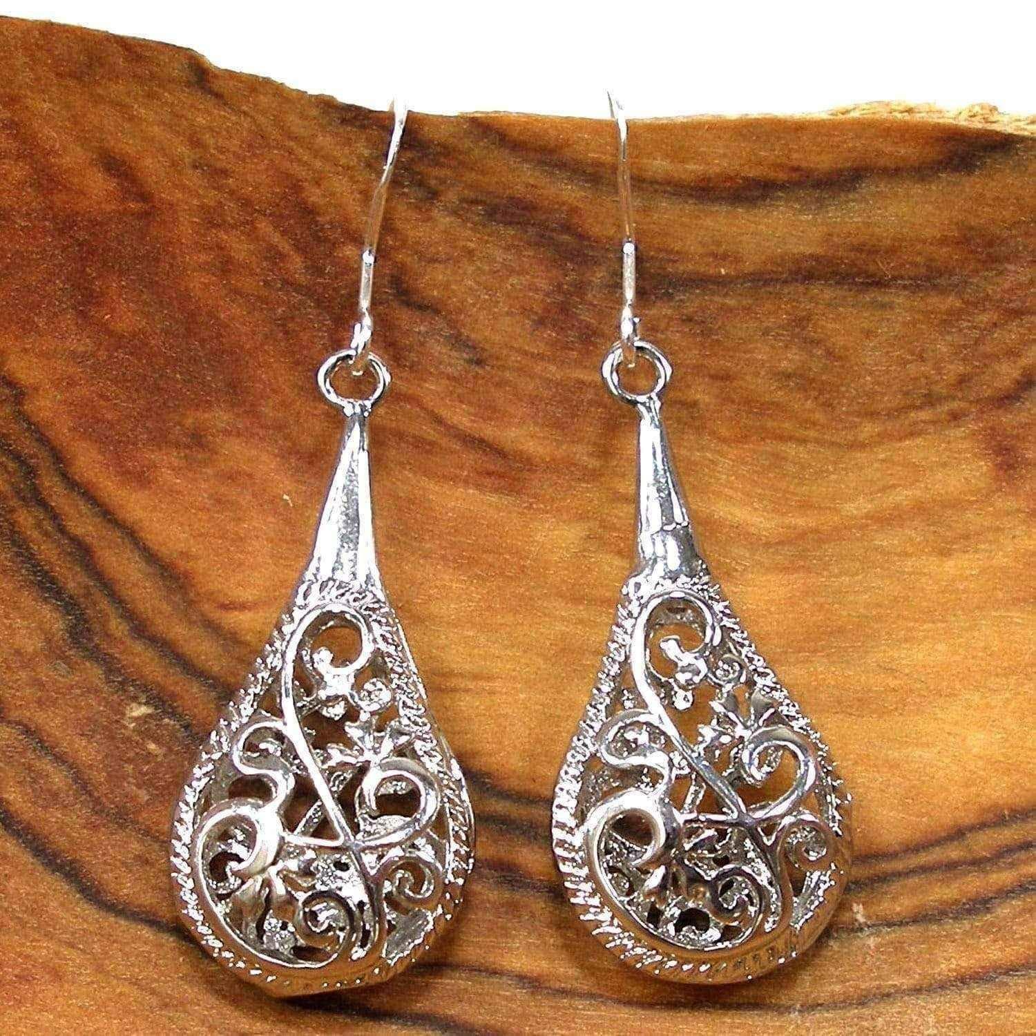 Handmade 1-inch Silver Filigree Raindrop Earrings (China) UK