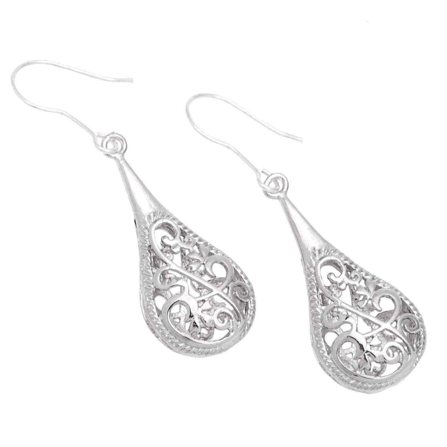 Handmade 1-inch Silver Filigree Raindrop Earrings (China) UK