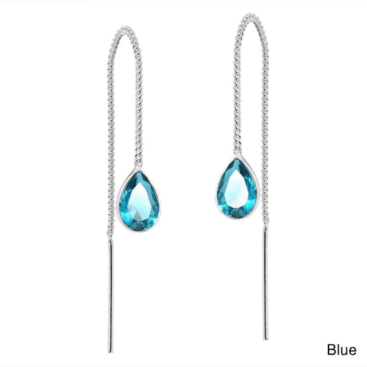 Handmade Cubic Zirconia Teardrop Thread Slide .925 Silver Earrings (Thailand) UK