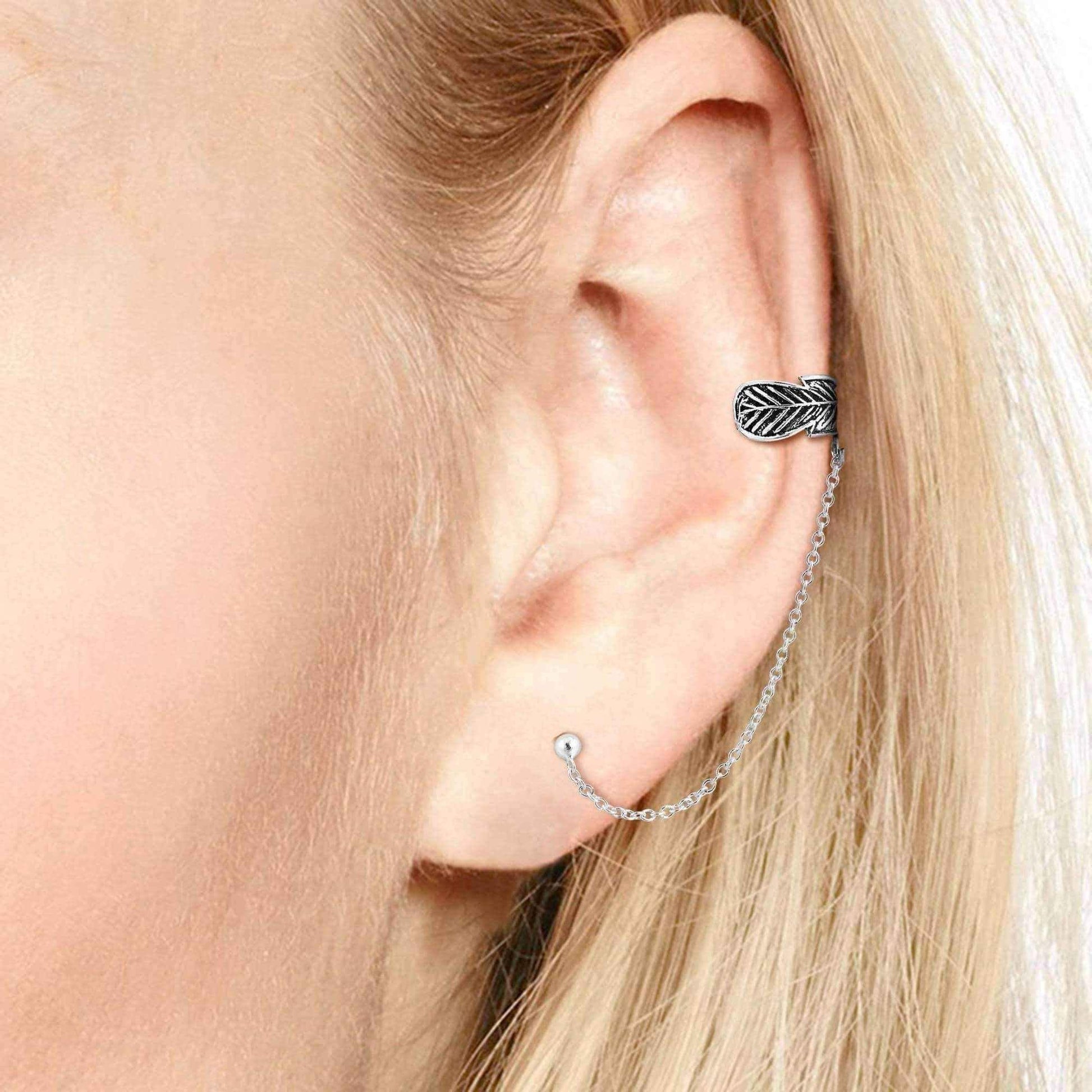 Handmade Feather Wrap Chain Ear Cuff Sterling Silver Post Earrings (Thailand) UK