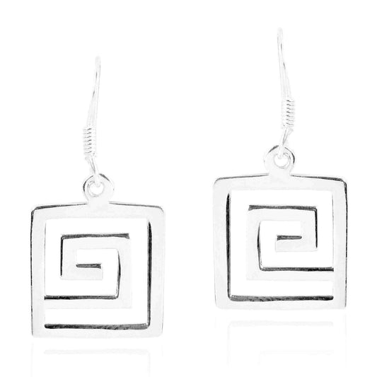 Handmade Greek Key Maze Geometric Pattern Sterling Silver Earrings (Thailand) UK