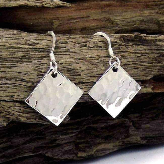Handmade Hammer Texture Tilted Square .925 Silver Earrings (Thailand) UK