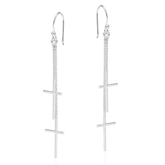Handmade Modern Twin Cross .925 Sterling Silver Dangle Earrings (Thailand) UK