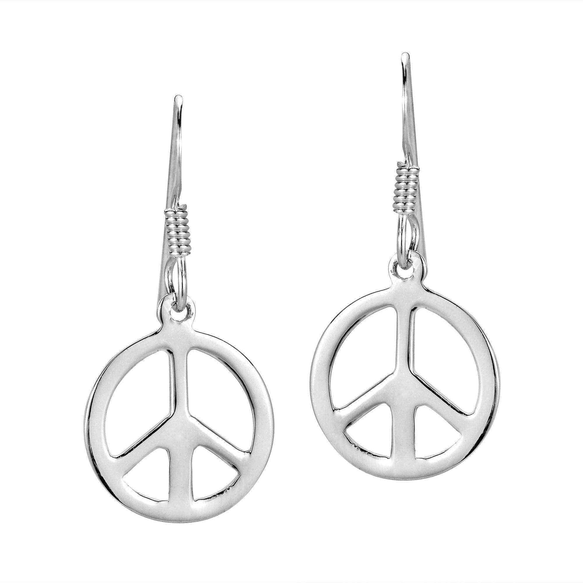 Handmade Round 13mm Peace Sign 'No War' .925 Silver Dangle Earrings (Thailand) UK