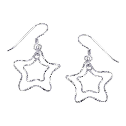 Handmade Silver Twist Wire Duo Star Dangle Earrings (Thailand) UK