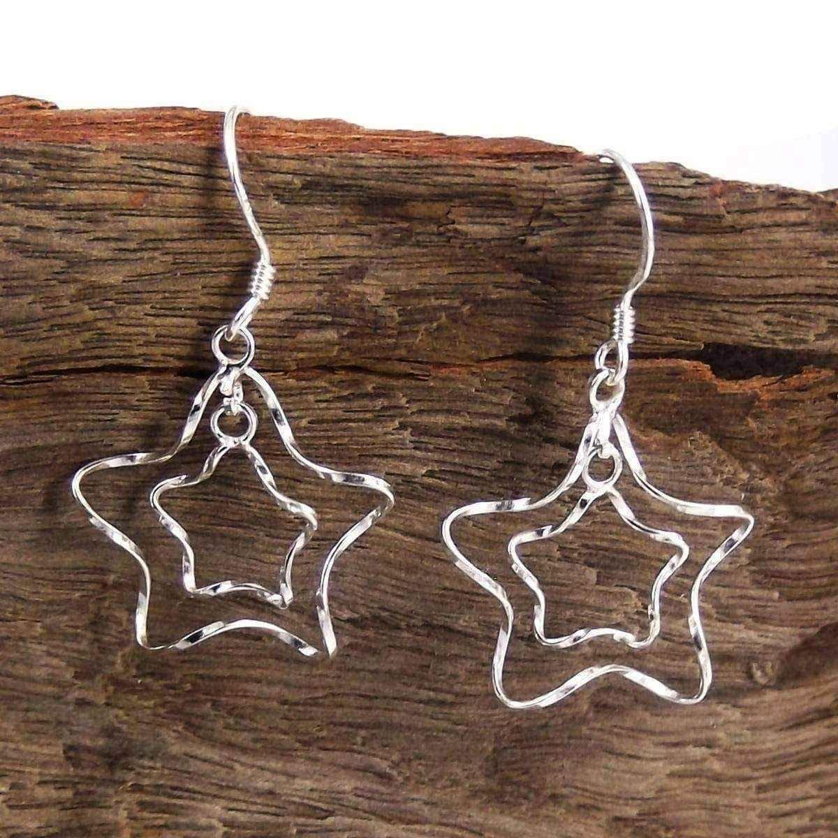 Handmade Silver Twist Wire Duo Star Dangle Earrings (Thailand) UK