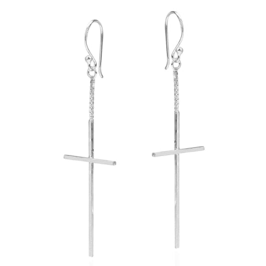 Handmade Simple Christian Cross Drop Sterling Silver Dangle Earrings (Thailand) UK