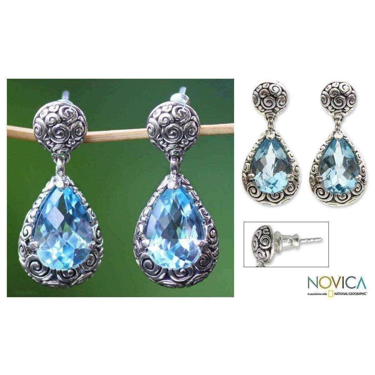 Handmade Sterling Silver 'Azure Teardrops' Blue Topaz Earrings (Indonesia) UK