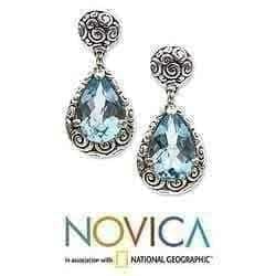 Handmade Sterling Silver 'Azure Teardrops' Blue Topaz Earrings (Indonesia) UK