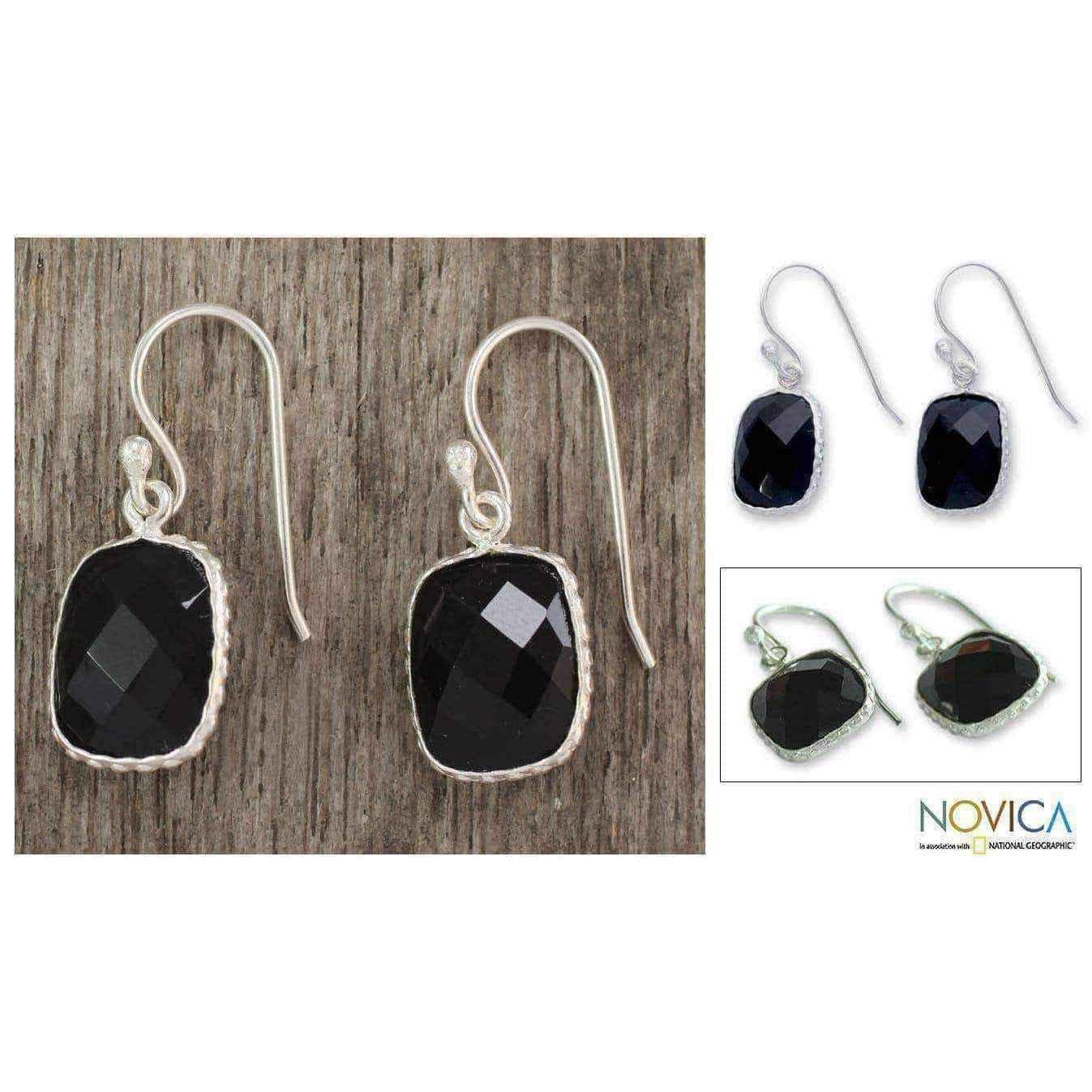 Handmade Sterling Silver 'Delhi Darkness' Onyx Dangle Earrings (India) UK