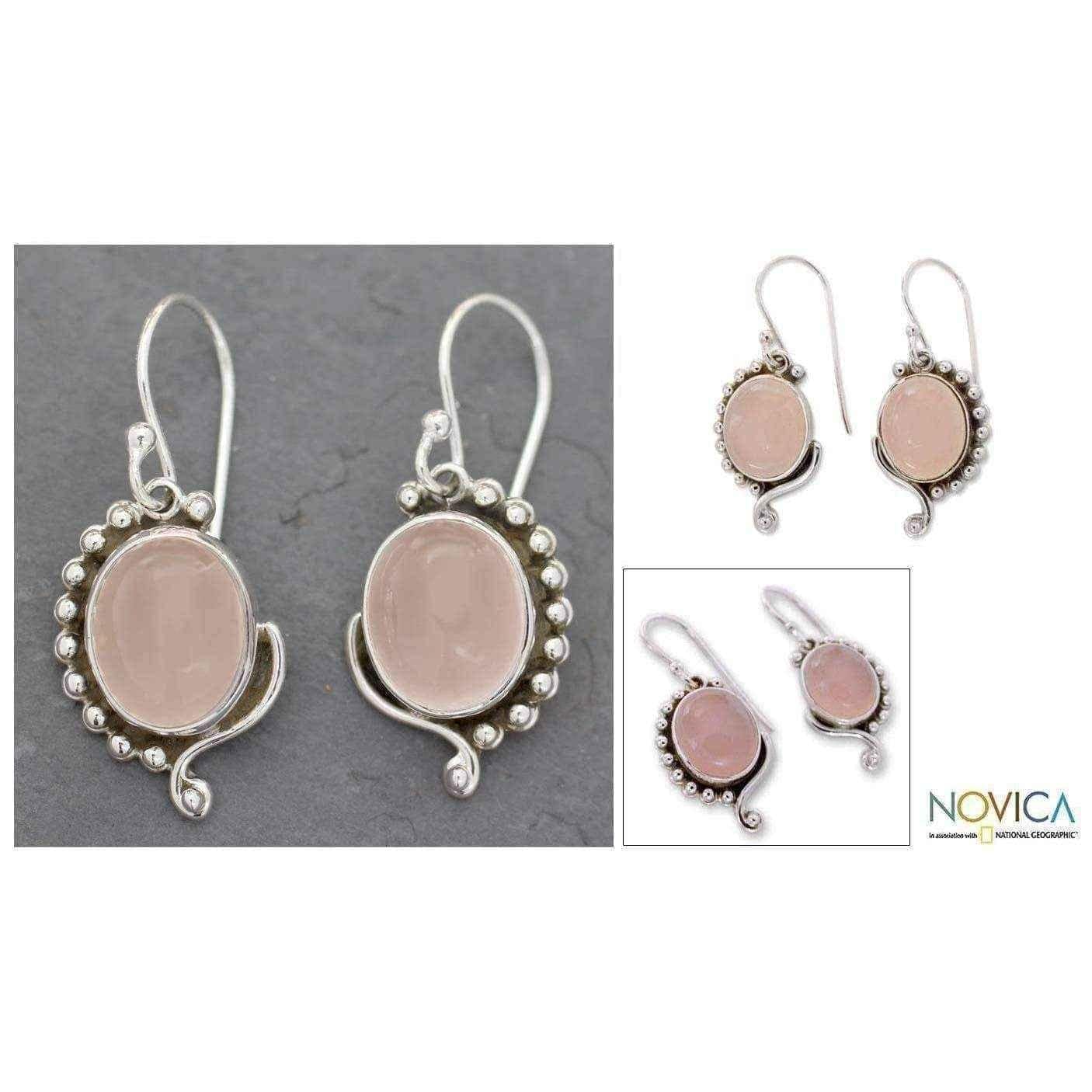 Handmade Sterling Silver 'Delhi Romance' Rose Quartz Dangle Earrings (India) UK