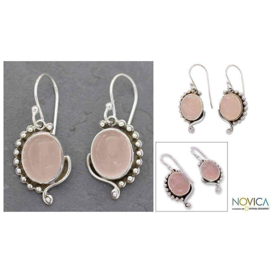 Handmade Sterling Silver 'Delhi Romance' Rose Quartz Dangle Earrings (India) UK