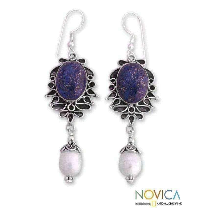Handmade Sterling Silver 'Ethereal' Lapis and Peal Earrings (8 mm) (India) UK
