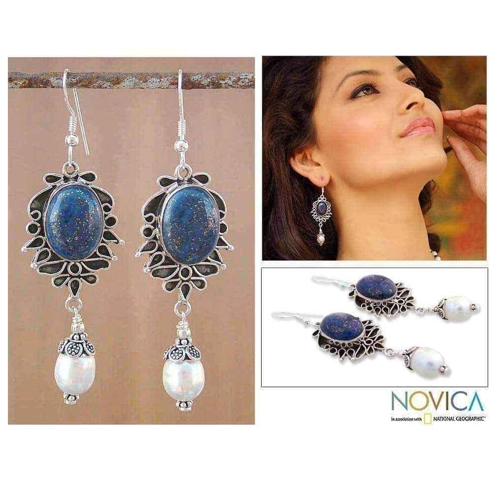 Handmade Sterling Silver 'Ethereal' Lapis and Peal Earrings (8 mm) (India) UK