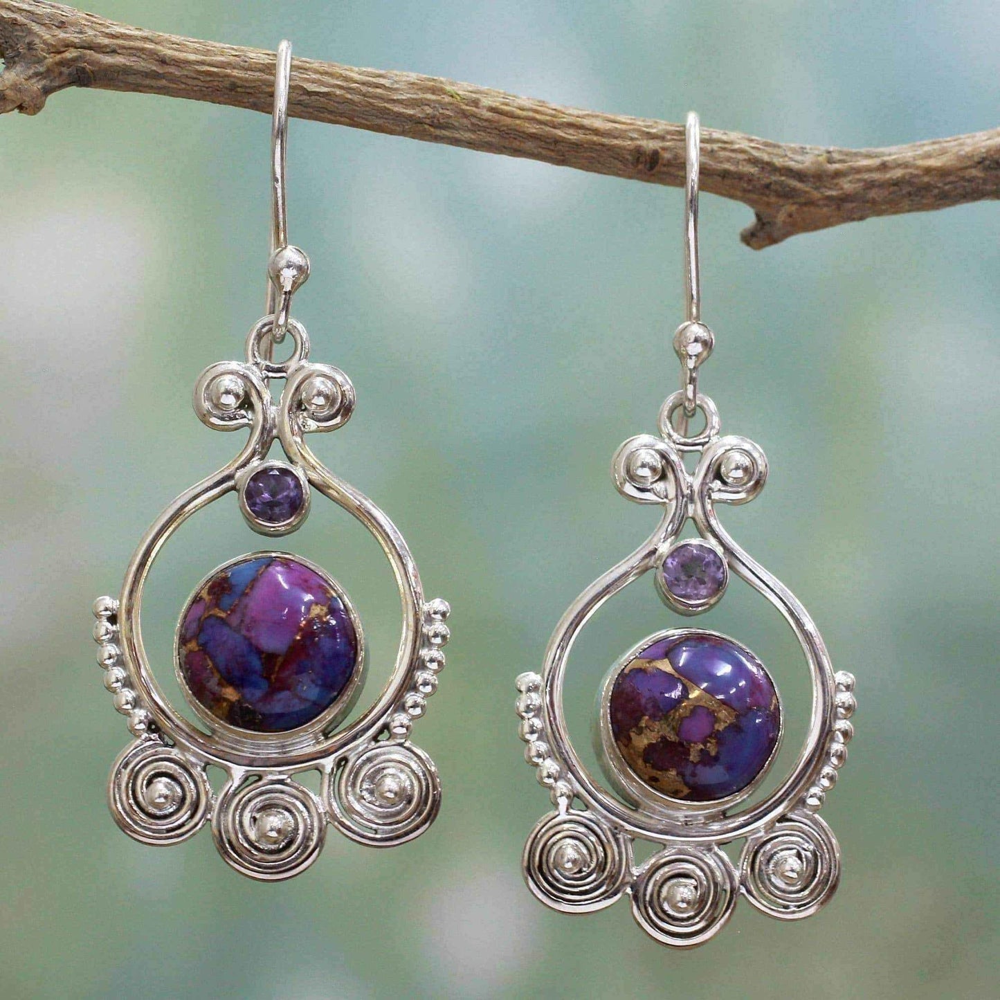 Handmade Sterling Silver 'Exotic Swirls' Turquoise Amethyst Earrings (India) UK